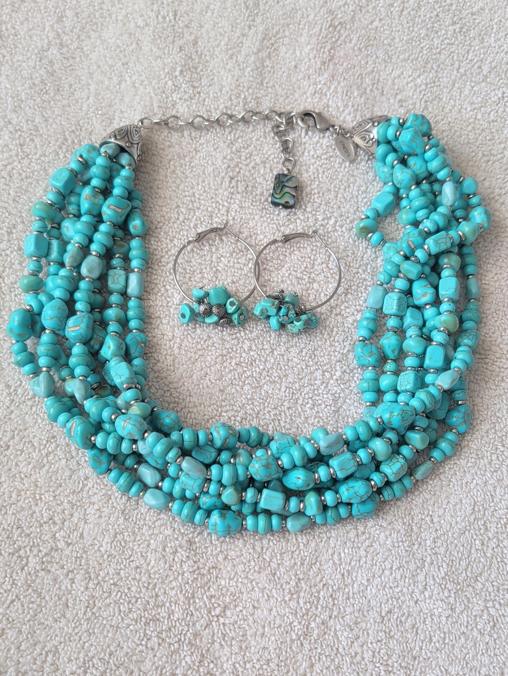 Multi-8 Strand Turquoise Bead Necklace with Matching Hoop Earrings